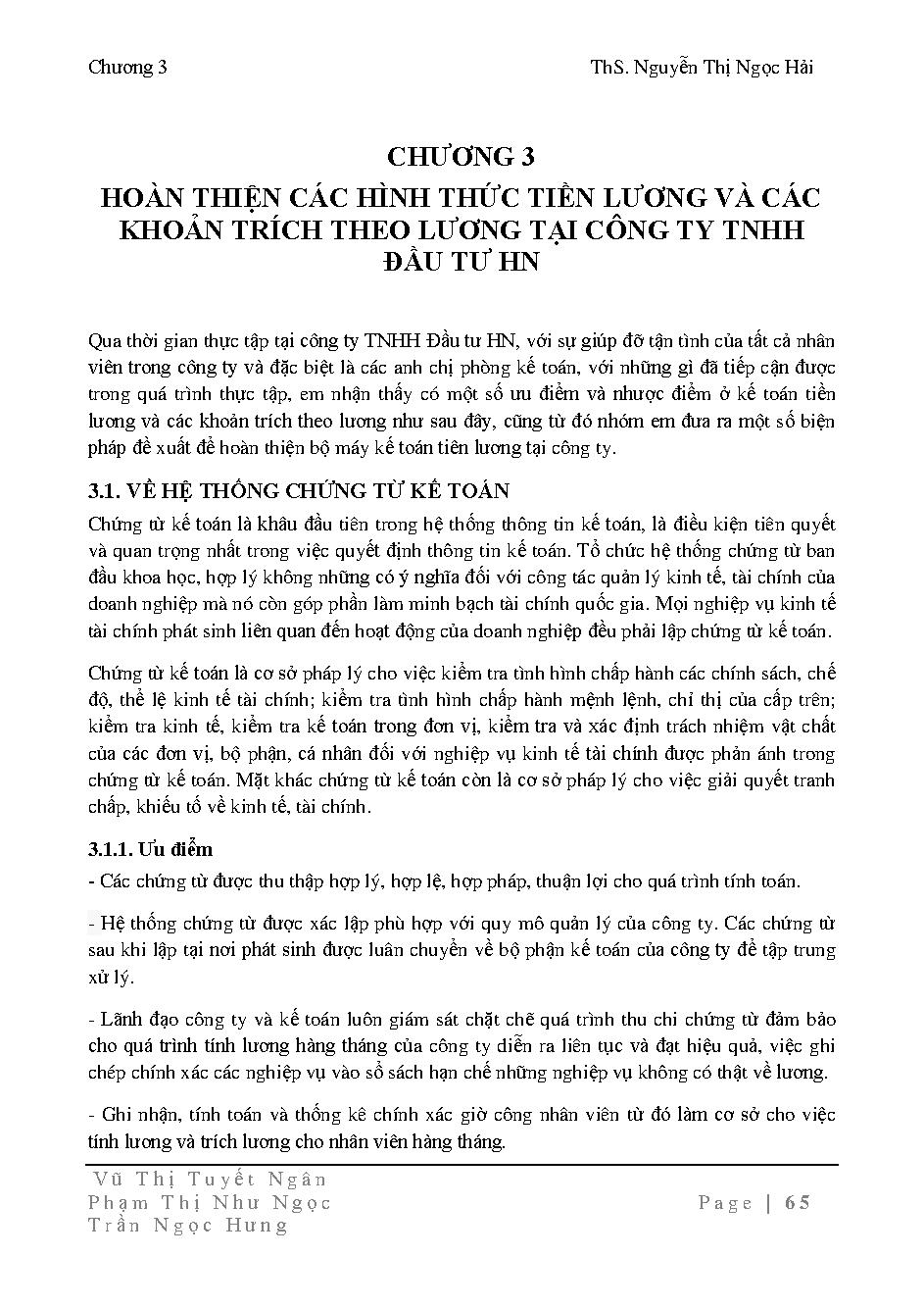 Hoàn thiện kế toán tiền lương phải trả cho người lao động và các khoản trích theo lương tại Công ty TNHH đầu tư HN :Khóa luận tốt nghiệp Khoa Kế toán - Kiểm toán