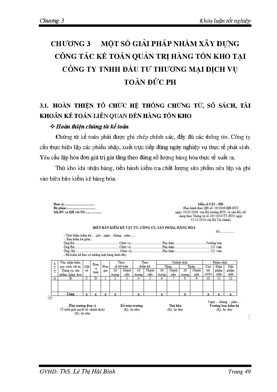 Xây dựng công tác kế toán quản trị hàng tồn kho tại công ty TNHH đầu tư thương mại dịch vụ Toàn Đức PH :Khóa luận tốt nghiệp khoa Kế toán - Kiểm toán