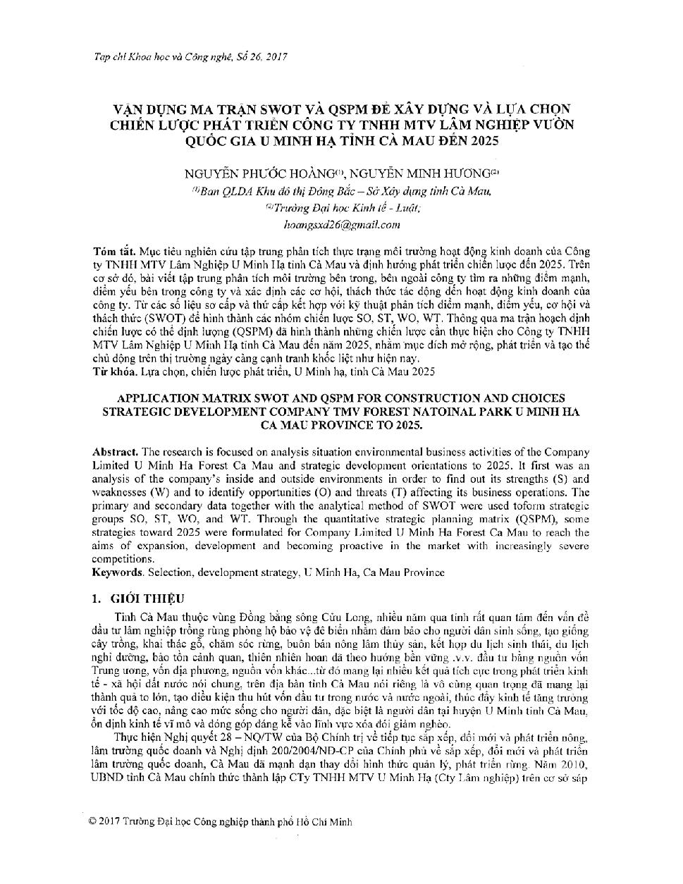 Vận dụng ma trận swot và QSPM để xây dựng và lựa chọn chiến lược phát triển công ty TNHH MTV Lâm Nghiệp vườn quốc gia U Minh Hạ tỉnh Cà Mau đến 2025