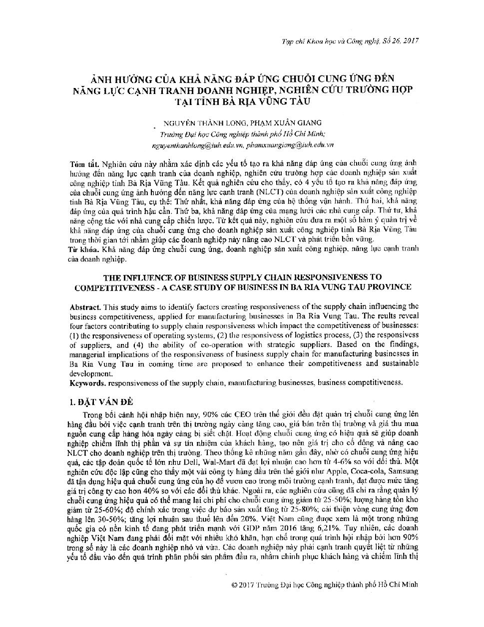 Ảnh hưởng của khả năng đáp ứng chuỗi cung ứng đến năng lực cạnh tranh doanh nghiệp, nghiên cứu trường hợp tại tỉnh Bà Rịa Vũng Tàu
