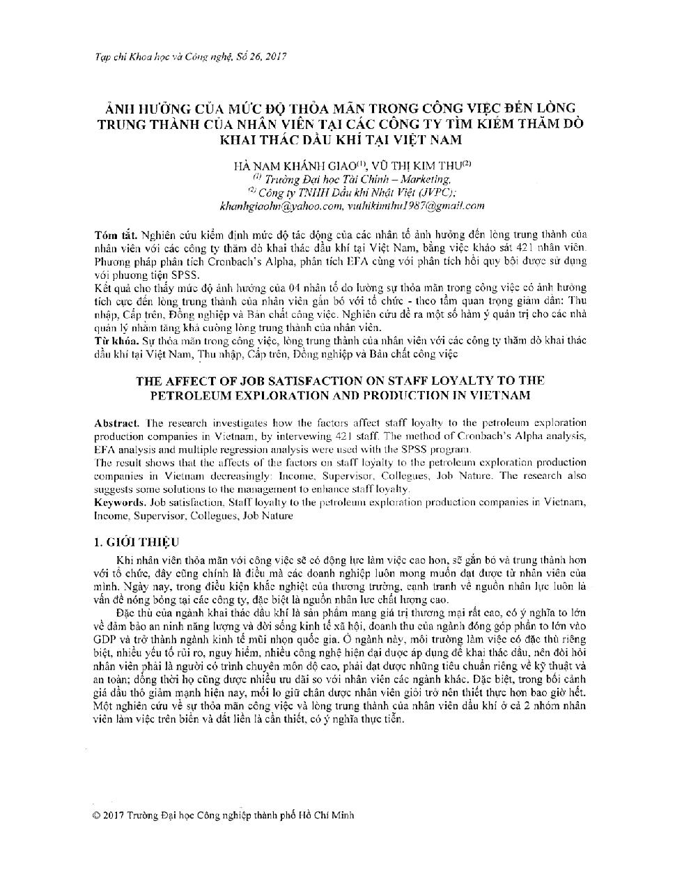 Ảnh hưởng của mức độ thỏa mãn trong công việc đến lòng trung thành của nhân viên tại các công ty tìm kiếm thăm dò khai thác dầu khí tại Việt Nam