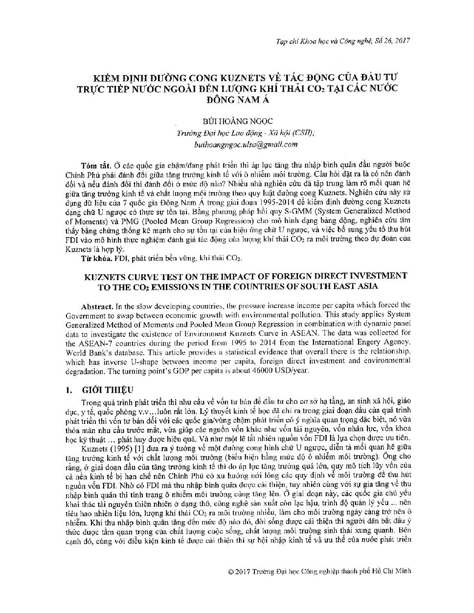 Kiểm định đường cong kuznets về tác động của đầu tư trực tiếp nước ngoài đến lượng khí thải CO2 tại các nước Đông Nam Á