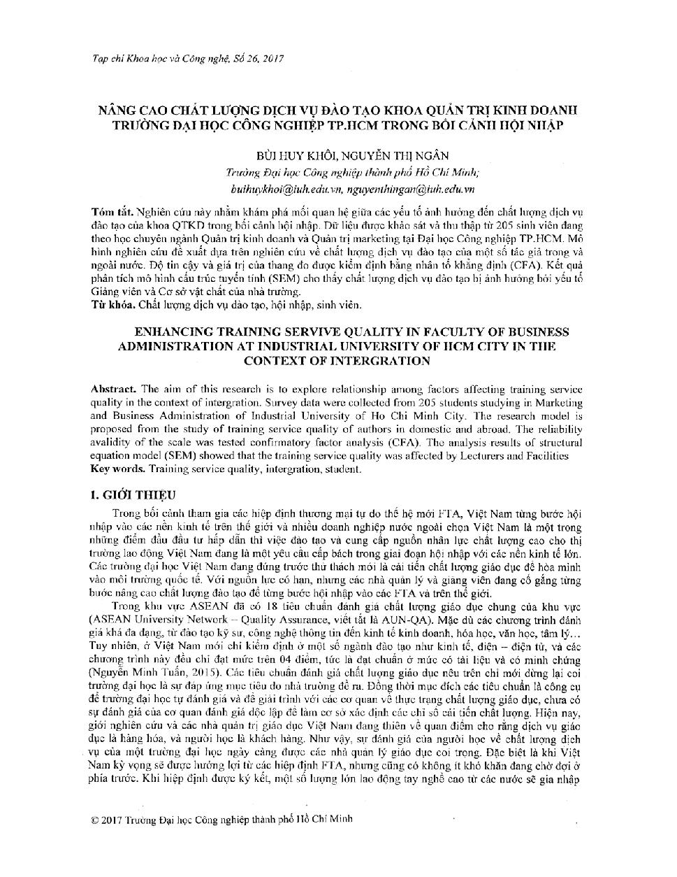 Nâng cao chất lượng dịch vụ đào tạo khoa quản trị kinh doanh Trường Đại học Công Nghiệp Tp. HCM trong bối cảnh hội nhập
