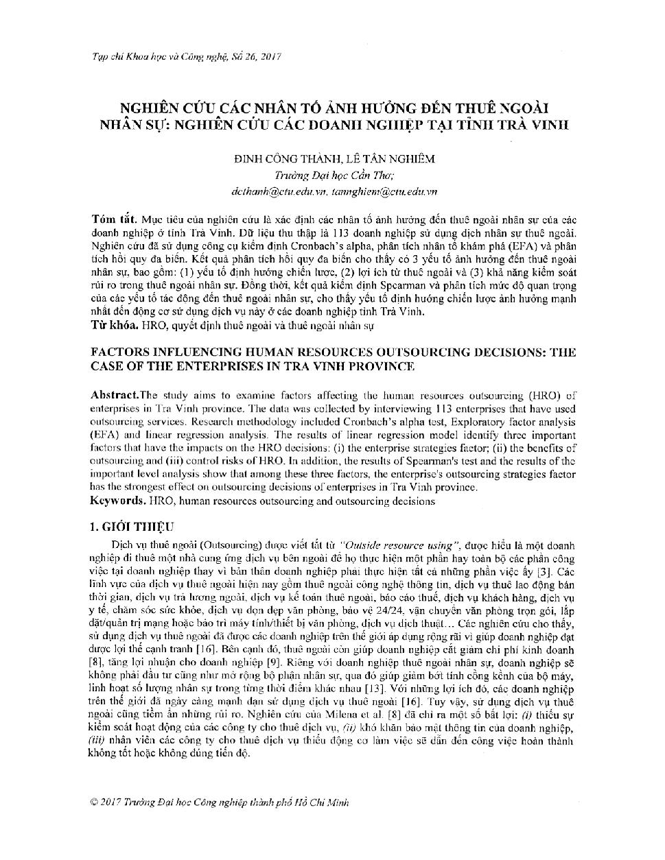 Nghiên cứu các nhân tố ảnh hưởng đến thuê ngoài nhân sự: Nghiên cứu các doanh nghiệp tại tỉnh Trà Vinh