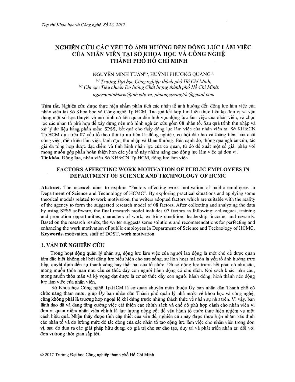Nghiên cứu các yếu tố ảnh hưởng đến động lực làm việc của nhân viên tại sở khoa học và công nghệ Thành phố Hồ Chí Minh