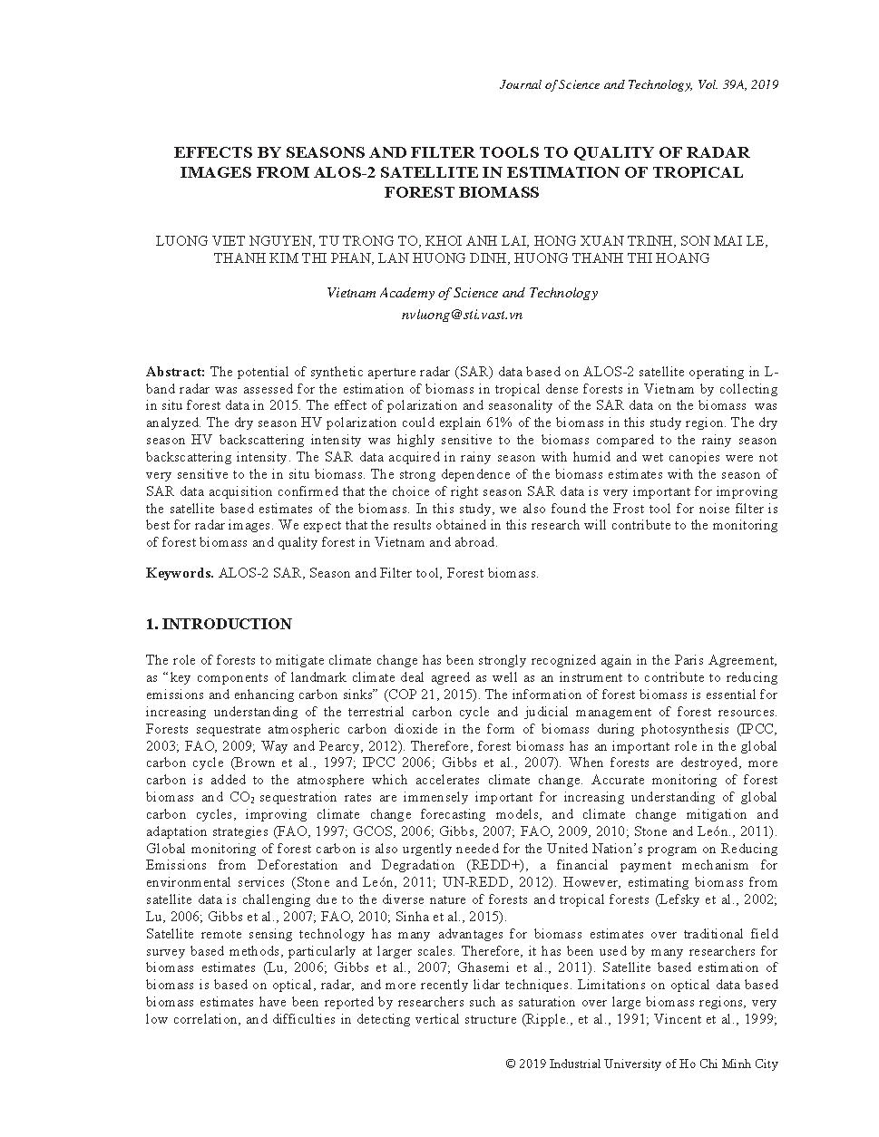 Effects by seasons and filter tools to quality of radar images from alos-2 satellite in estimation of tropical forest biomass