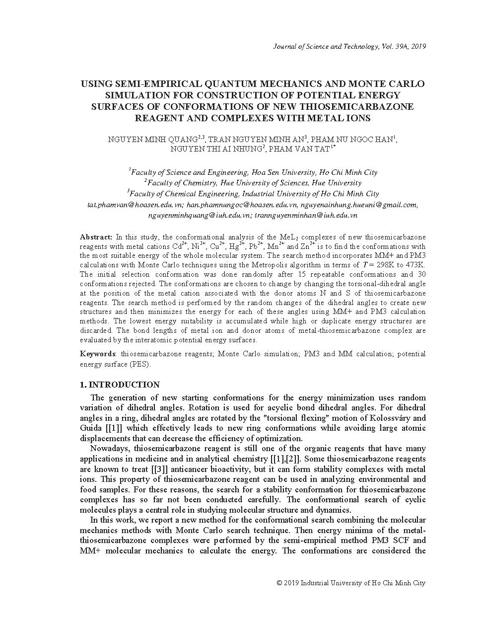 Using semi-empirical quantum mechanics and monte carlosimulation for construction of potential energy surfaces of conformations of new thiosemicarbazone reagent and complexes with metal ions