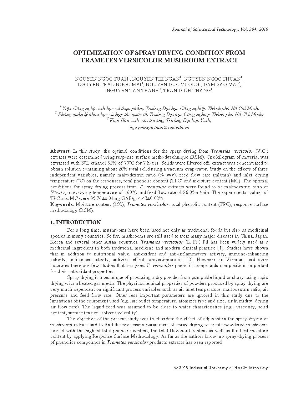 Optimization of spray drying condition from trametes versicolor mushroom extract