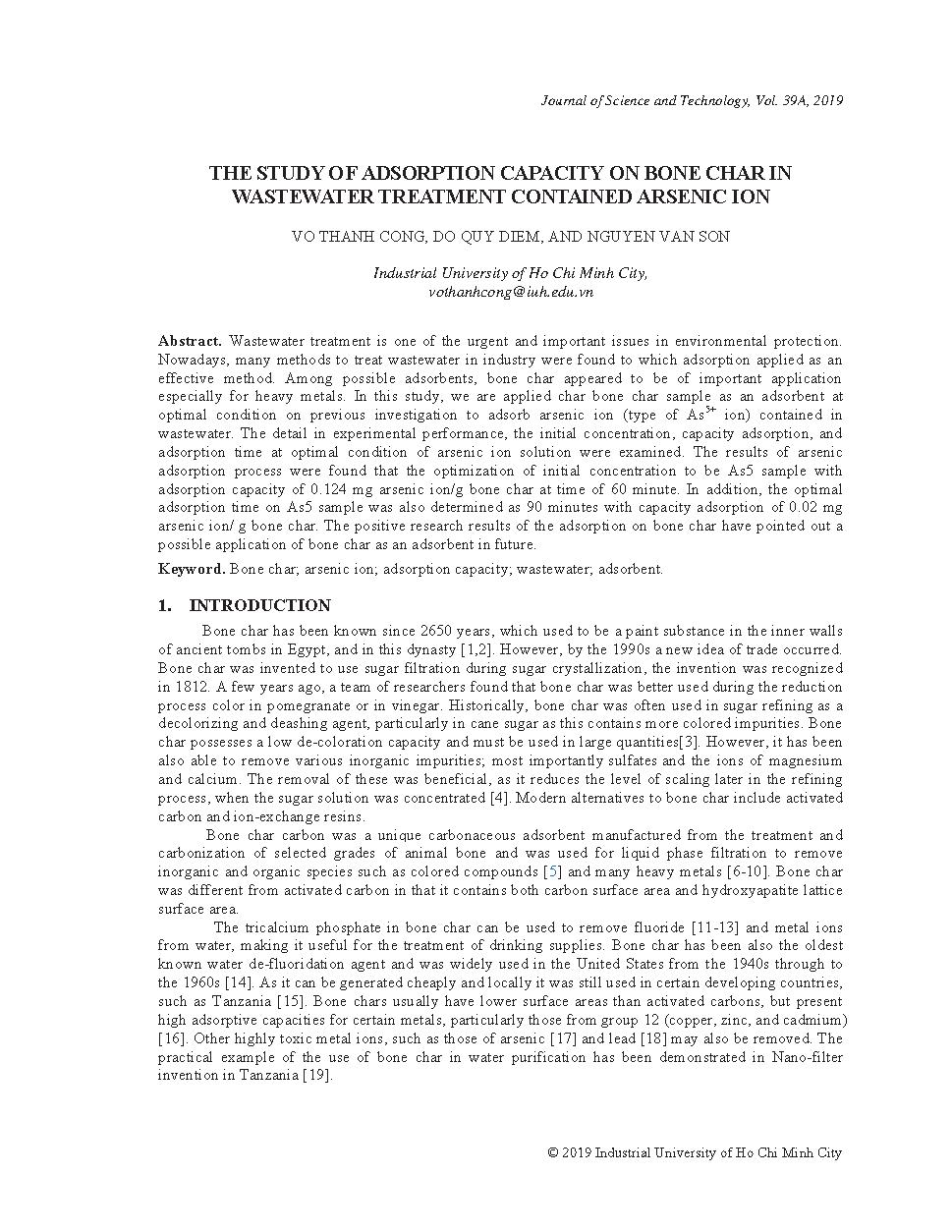 The study of adsorption capacity on bone char in wastewater treatment contained arsenic ion