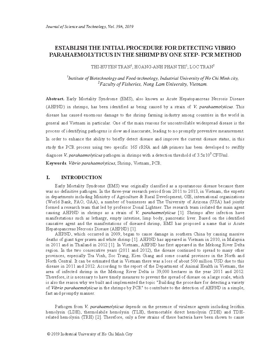 Establish the initial procedure for detecting vibrio parahaemolyticus in the shrimp by one step- pcr method