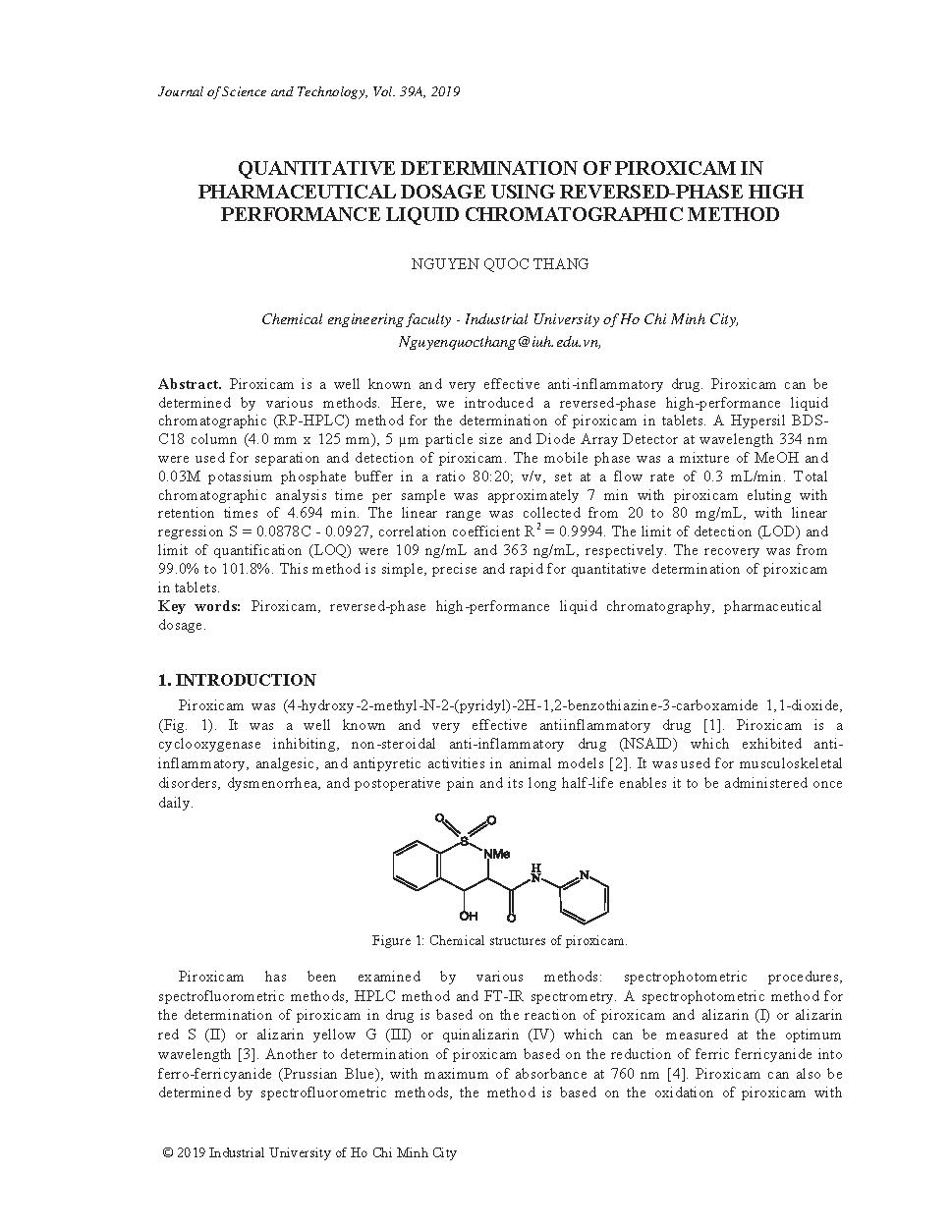 Quantitative determination of Piroxicam in pharmaceutical dosage using reversed-phase high performance liquid chromatographic method