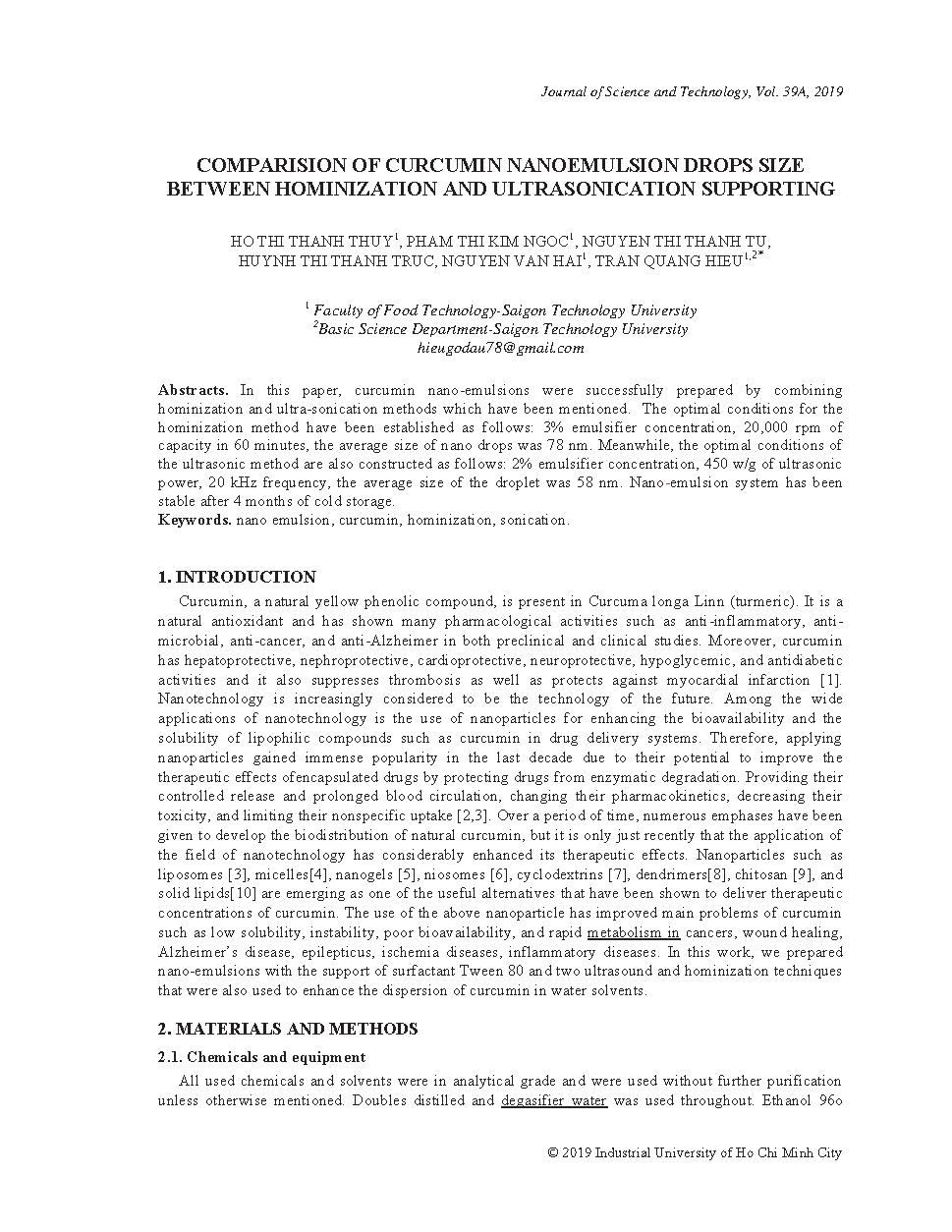 Comparision of curcumin nanoemulsion drops size between hominization and ultrasonication supporting