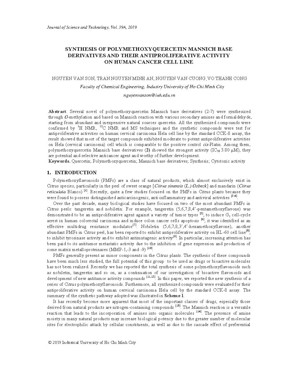 Synthesis of polymethoxyquercetin mannich base derivatives and their antiproliferative activity on human cancer cell line