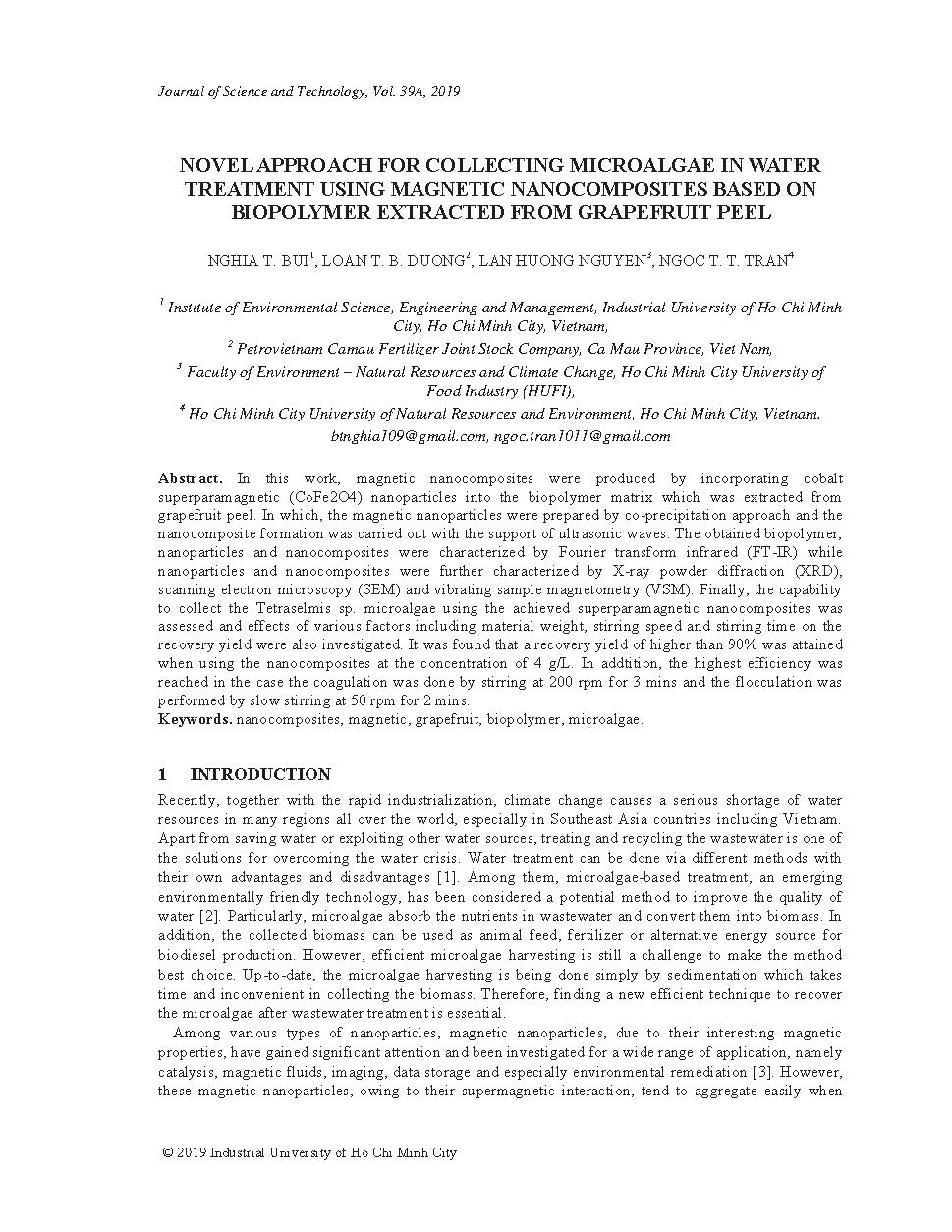 Novel approach for collecting microalgae in water treatment using magnetic nanocomposites based on biopolymer extracted from grapefruit peel