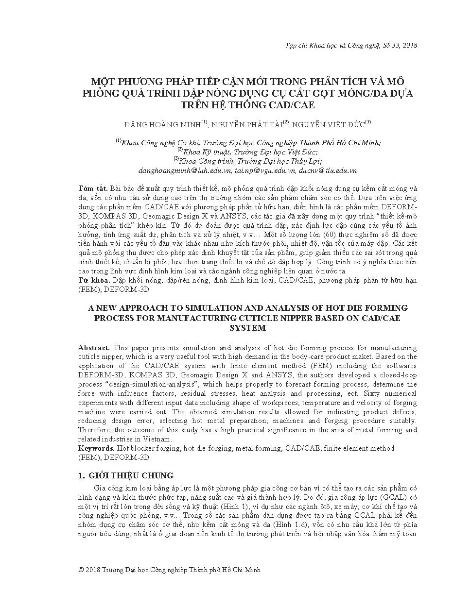 Một phương pháp tiếp cận mới trong phân tích và mô phỏng quá trình dập nóng dụng cụ cắt gọt móng/da dựa trên hệ thống cad/cae