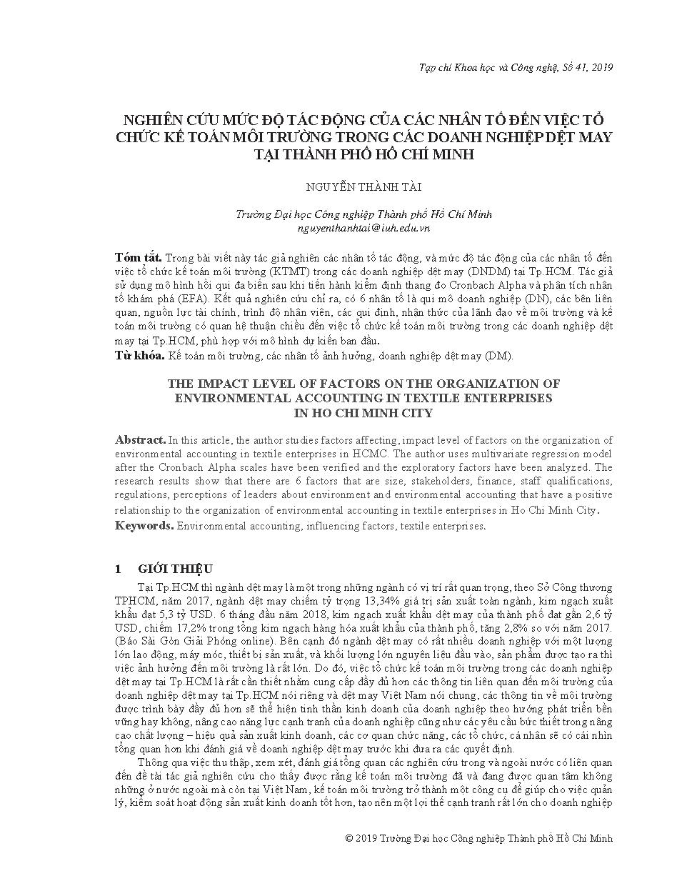 Nghiên cứu mức độ tác động của các nhân tố đến việc tổ chức kế toán môi trường trong các doanh nghịp dệt may tại thành phố Hồ Chí Minh