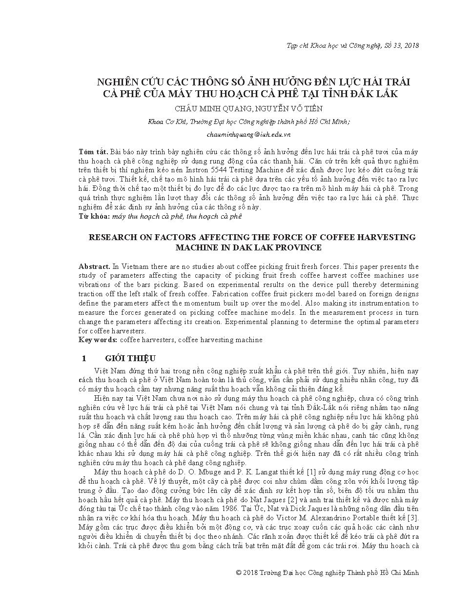Nghiên cứu các thông số ảnh hưởng đến lực hái trái cà phê của máy thu hoạch cà phê tại tỉnh Đắk Lắk