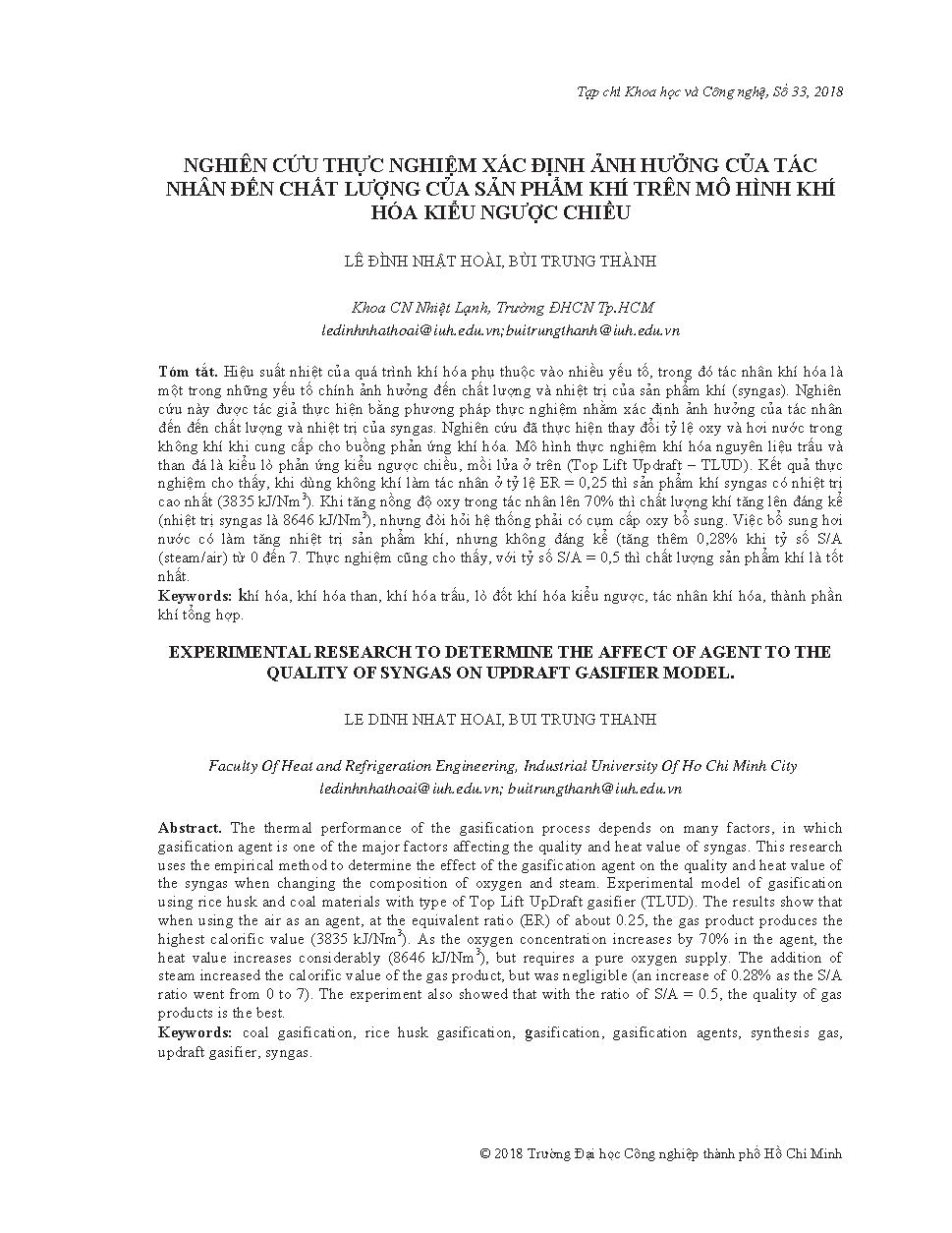 Nghiên cứu thực nghiệm xác định ảnh hưởng của tác nhân đến chất lượng của sản phẩm khí trên mô hình khí hóa kiểu ngược chiều