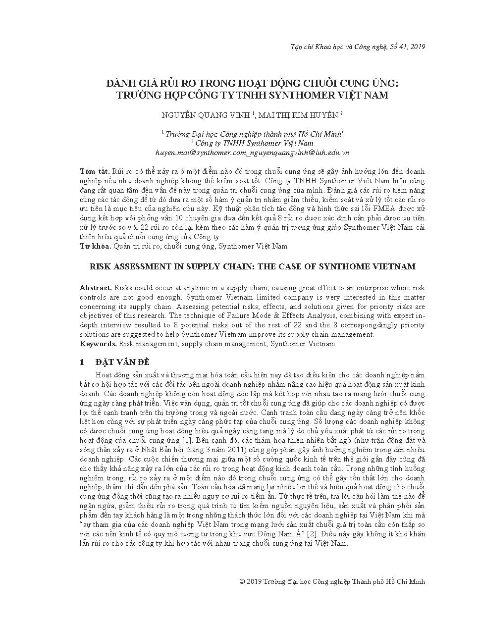 Đánh giá rủi ro trong hoạt động chuỗi cung ứng: trường hợp Công ty TNHH Synthomer Việt Nam