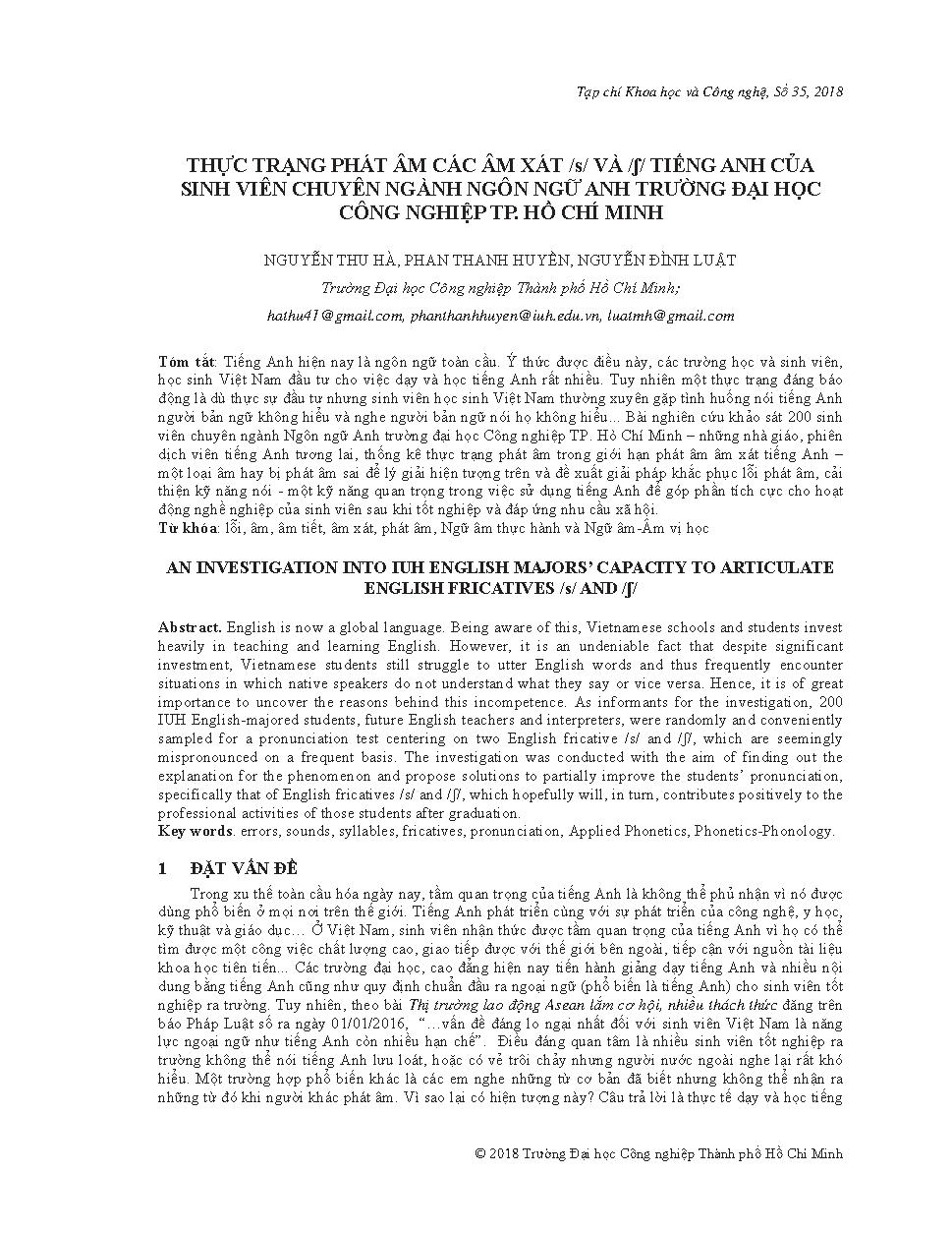 Thực trạng phát âm các âm xát /s/ và /ʃ/ tiếng anh của sinh viên chuyên ngành ngôn ngữ anh Trường Đại học Công nghiệp Tp. Hồ Chí Minh