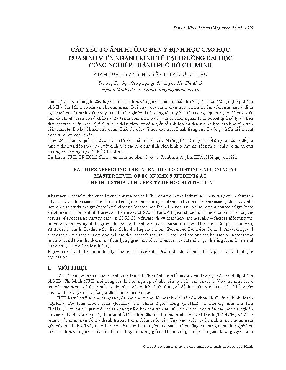 Các yếu tố ảnh hưởng đến ý định học cao học của sinh viên ngành kinh tế tại trường Đại học Công nghiệp Thành phố Hồ Chí Minh