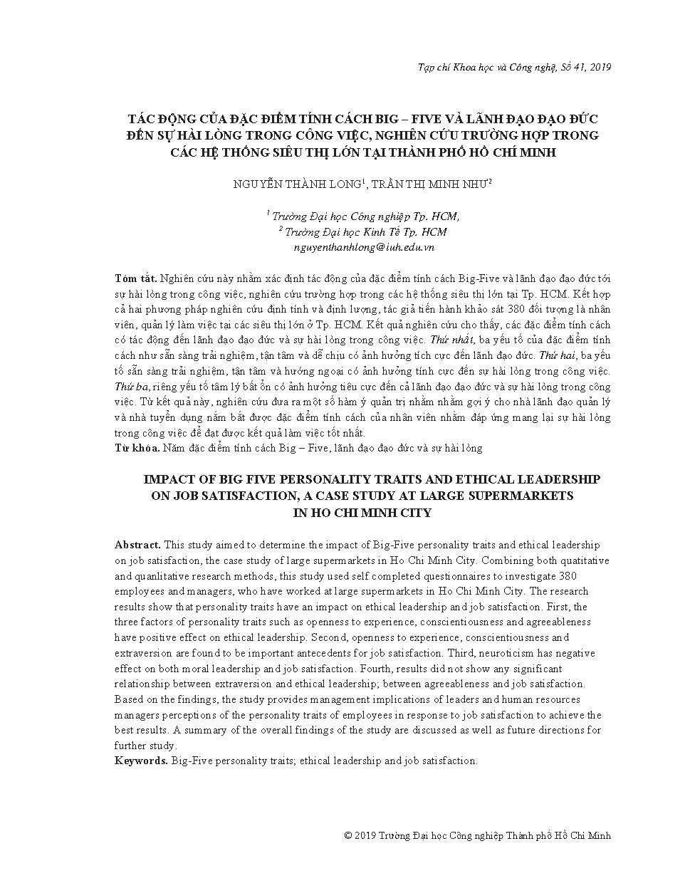 Tác động của đặc điểm tính cách Big – Five và lãnh đạo đạo đức đến sự hài lòng trong công việc, nghiên cứu trường hợp trong các hệ thống siêu thị lớn tại Thành phố Hồ Chí Minh