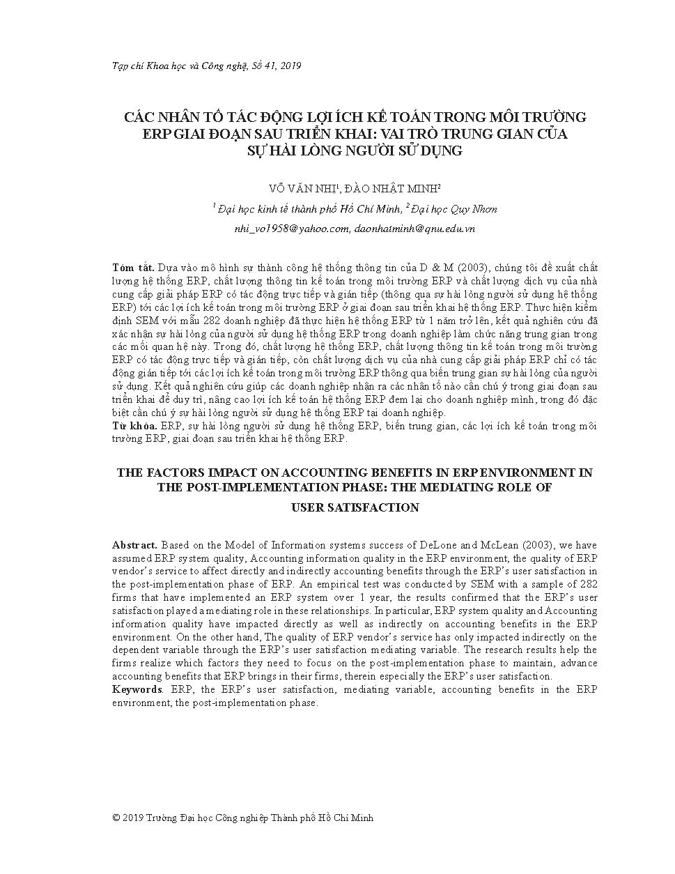 Các nhân tố tác động lợi ích kế toán trong môi trường ERP giai đoạn sau triển khai: vai trò trung gian của sự hài lòng người sử dụng