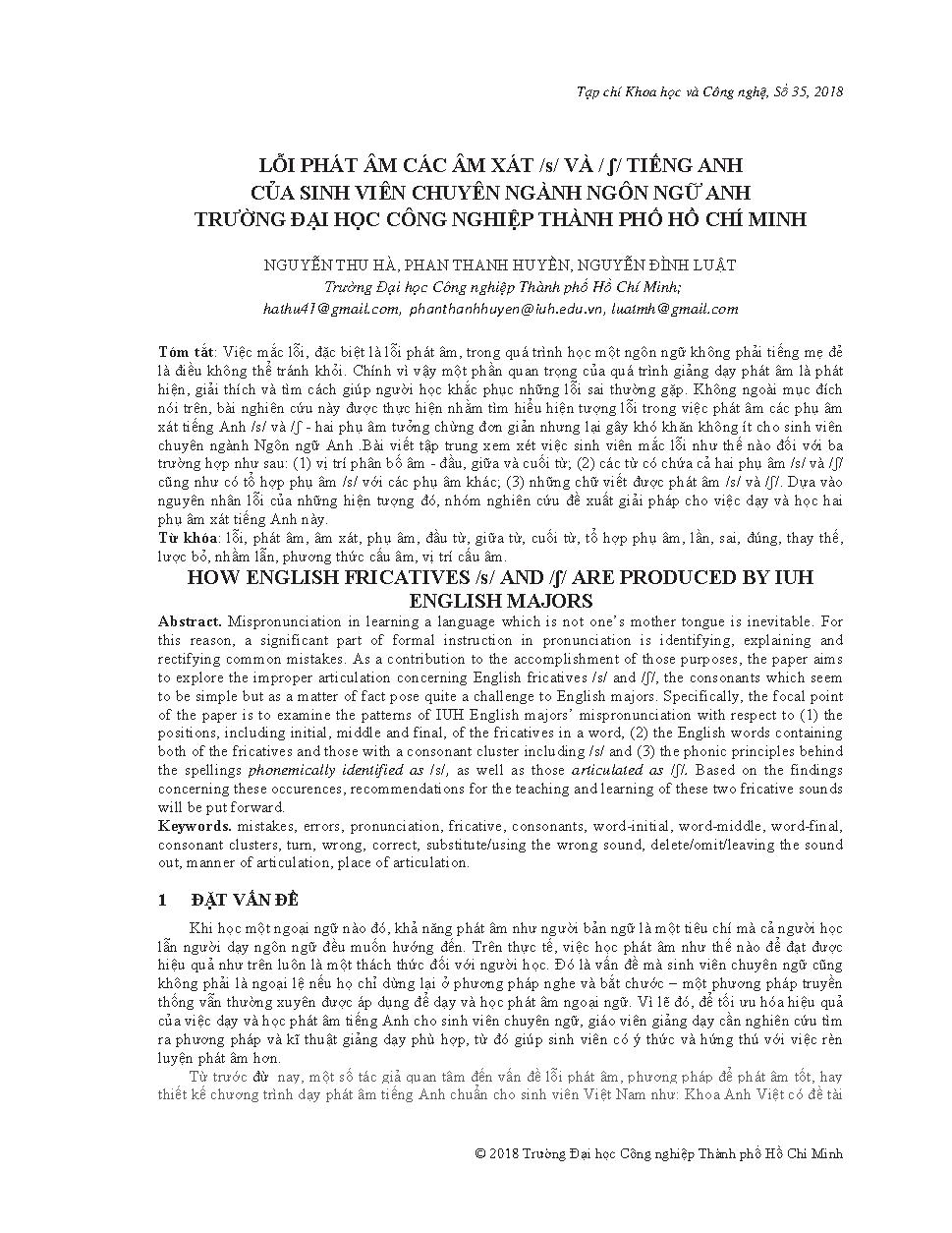 Lỗi phát âm các âm xát /s/ và / ʃ/ tiếng anh của sinh viên chuyên ngành ngôn ngữ anh Trường Đại học Công nghiệp Tp. Hồ Chí Minh