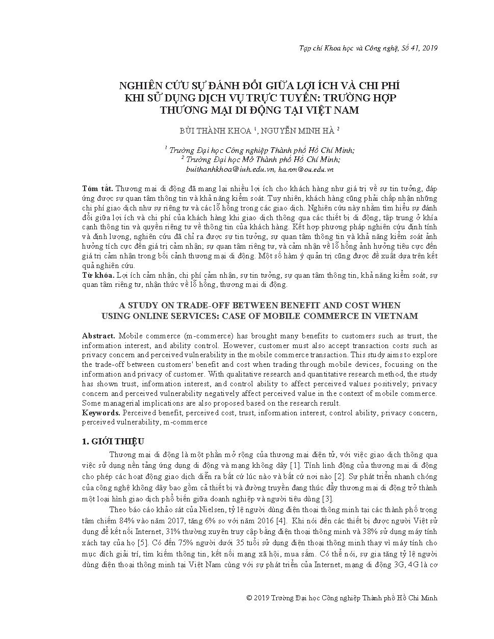 Nghiên cứu sự đánh đổi giữa lợi ích và chi phí khi sử dụng dịch vụ trực tuyến: trường hợp thương mại di động tại Việt Nam