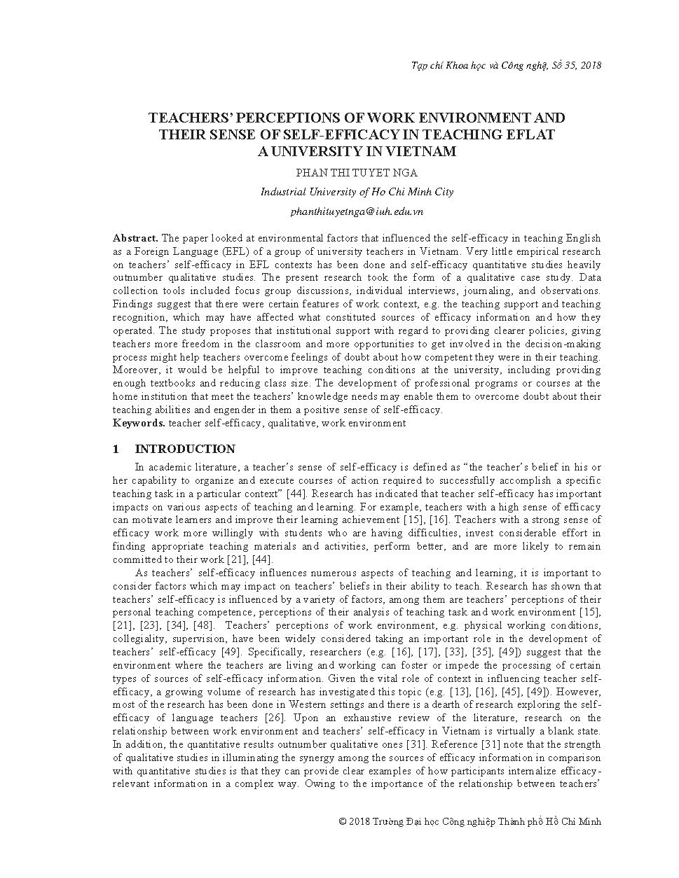 Teachers’ perceptions of work environment and their sense of self-efficacy in teaching efl at a University in Vietnam