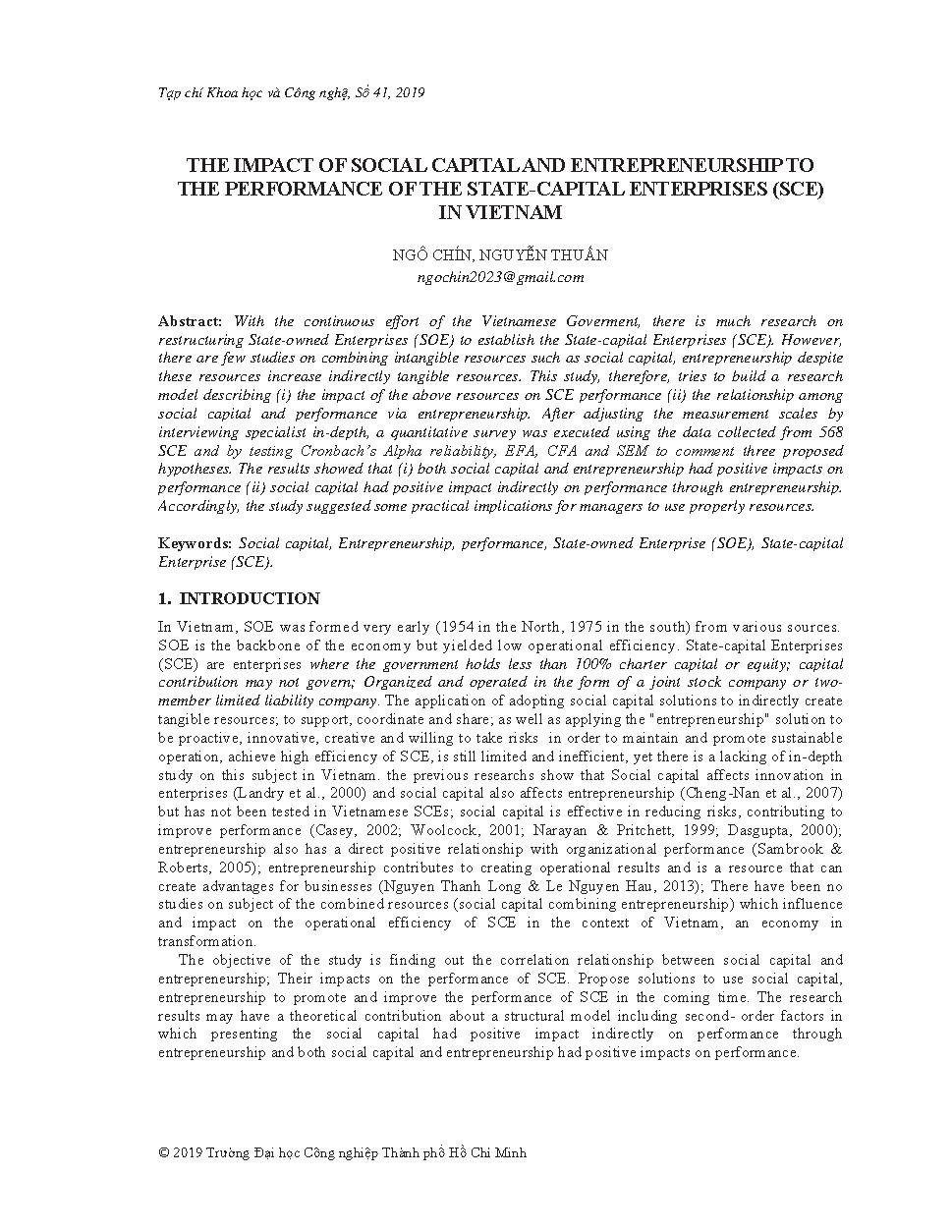 The impact of social capital and entrepreneurship to the performance of the state-capital enterprises (SCE) in Vietnam