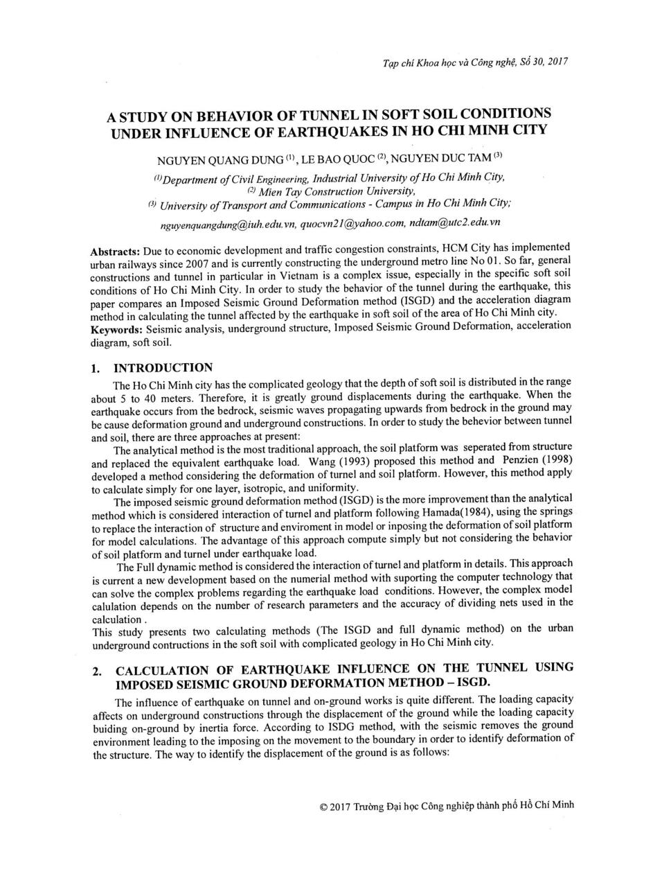 A study on behavior of tunnel in soft soil conditions under influence of earthquakes in Ho Chi Minh city