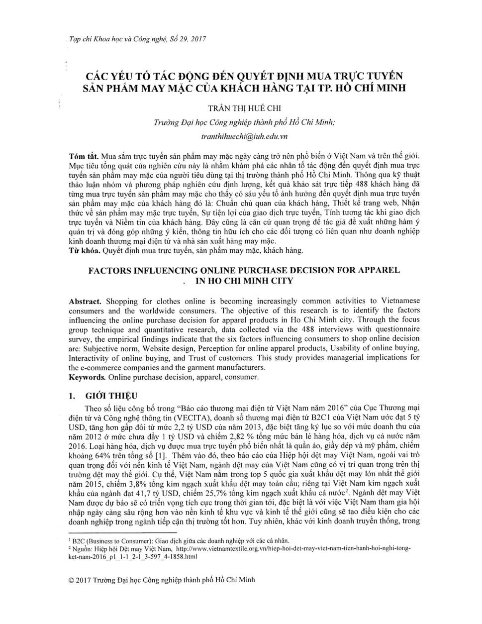 Các yếu tố tác động đến quyết định mua trực tuyến sản phẩm may mặc của khách hàng tại Tp.HCM