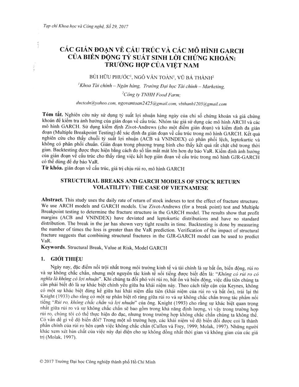 Các gián đoạn về cấu trúc và các mô hình Garch của biến động tỷ suất sinh lời chứng khoán: Trường hợp của Việt Nam