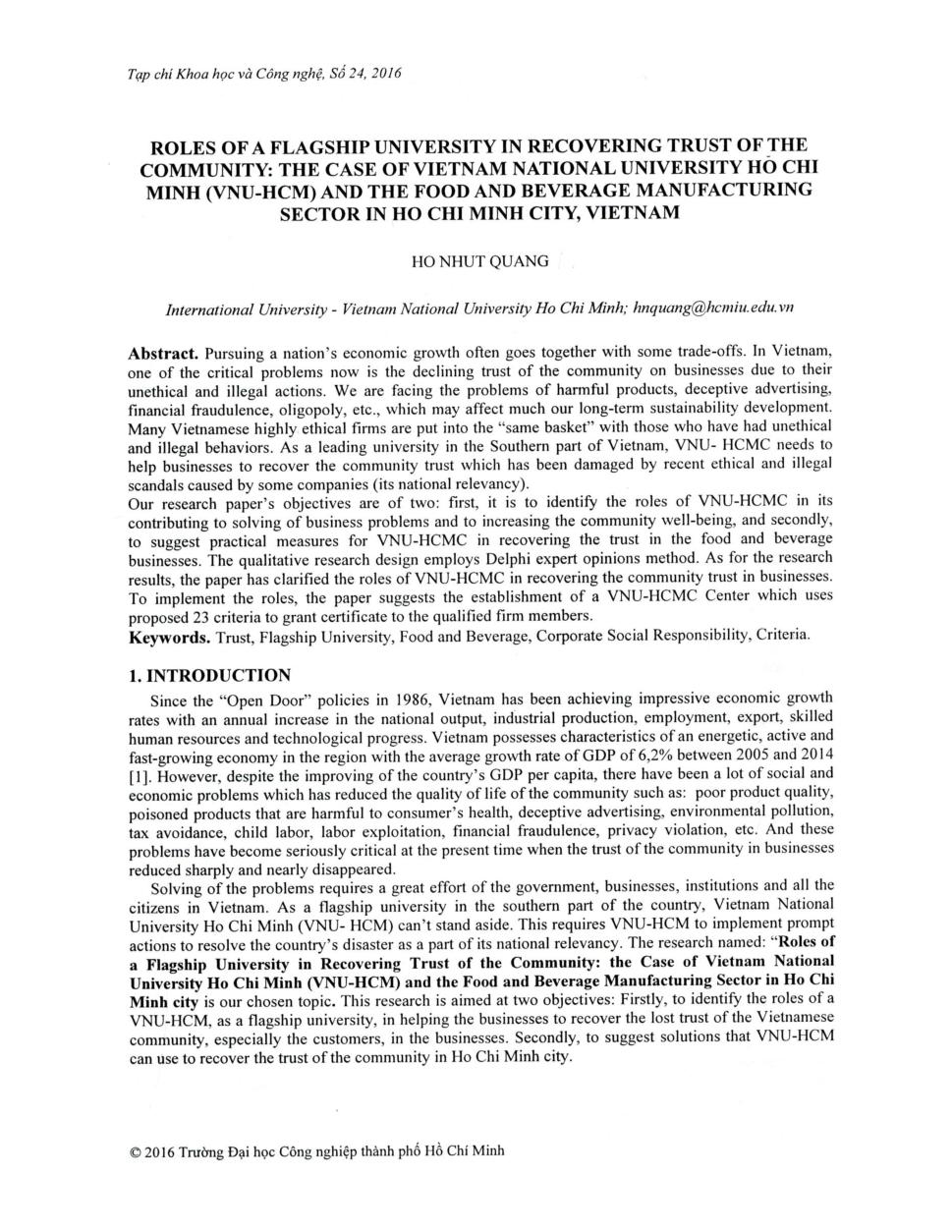 Roles of a flagship university in recovering trust of the community: The case of Vietnam national university Ho Chi Minh (VNU-HCM) and the food and beverage manufacturing sector in Ho Chi Minh City, Vietnam