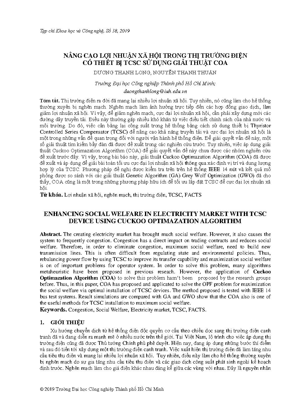 Nâng cao lợi nhuận xã hội trong thị trường điện có thiết bị TCSC sử dụng giải thuật COA