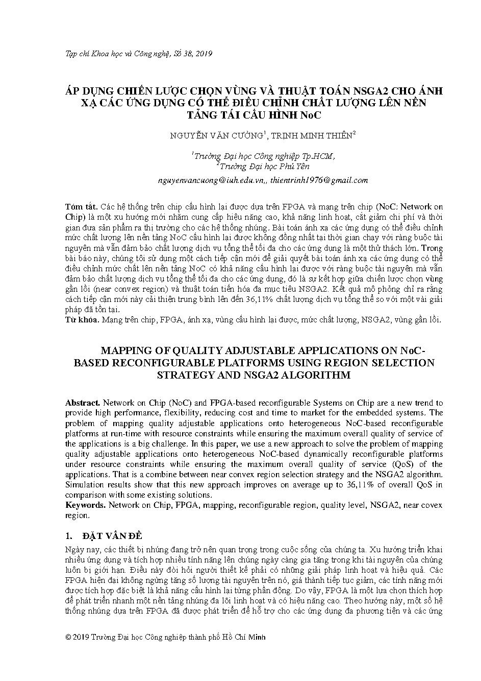 Áp dụng chiến lược chọn vùng và thuật toán NSGA2 cho ánh xạ các ứng dụng có thể điều chỉnh chất lượng lên nền tảng tái cấu hình NoC