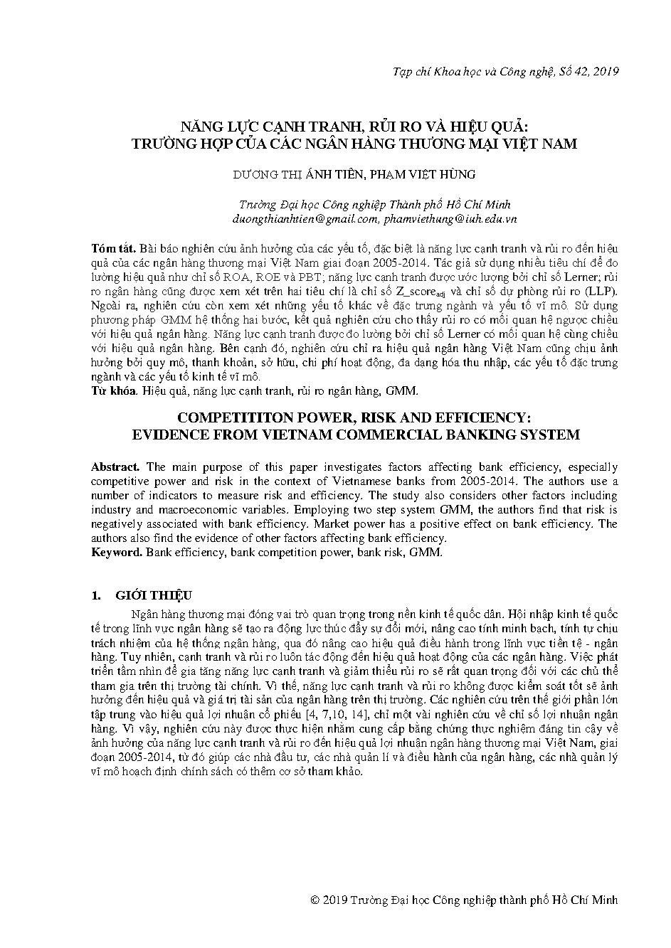 Năng lực cạnh tranh, rủi ro và hiệu quả: Trường hợp của các ngân hàng Thương mại Việt Nam