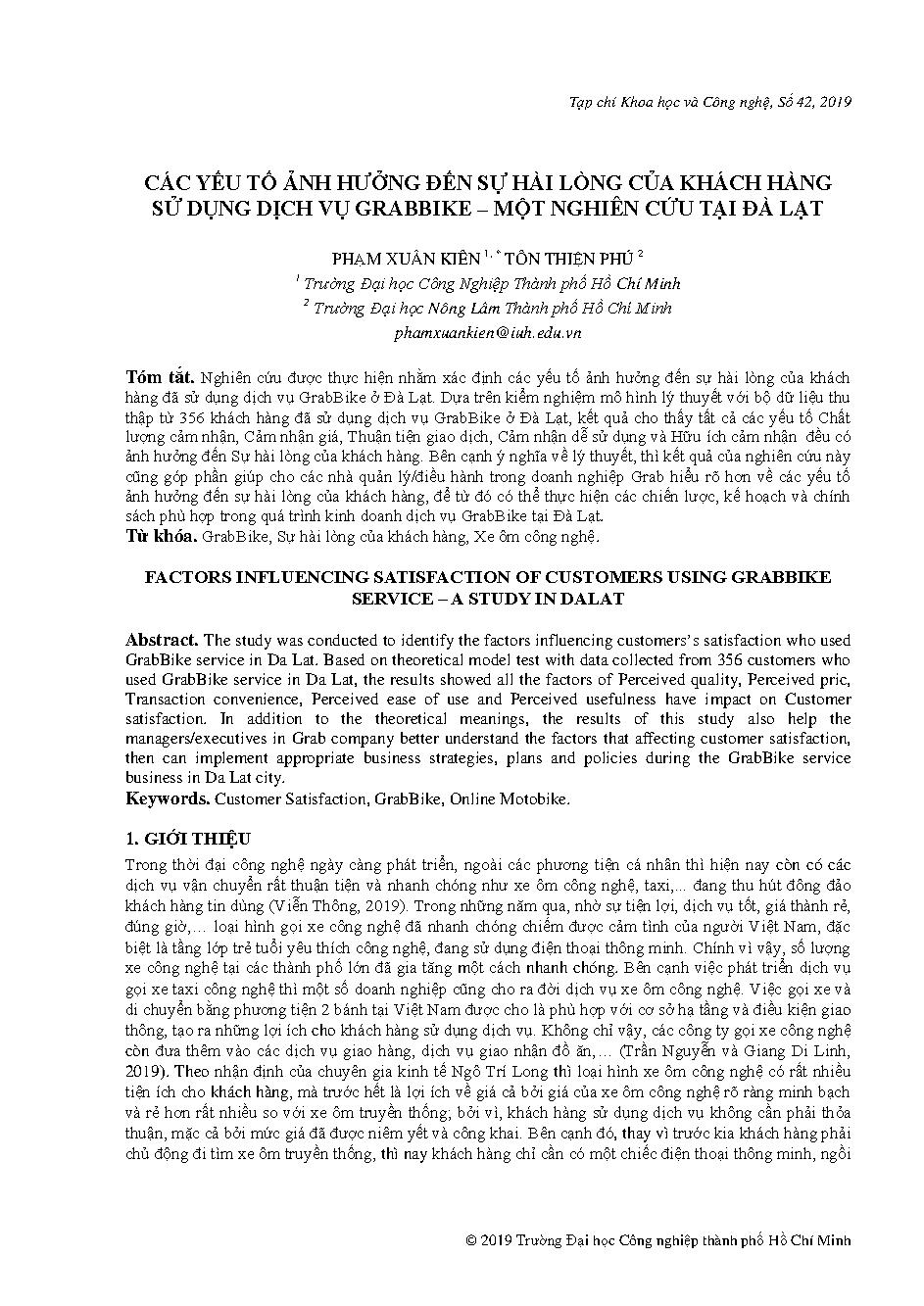 Các yếu tố ảnh hưởng đến sự hài lòng của khách hàng sử dụng dịch vụ Grabbike - Một nghiên cứu tại Đà Lạt