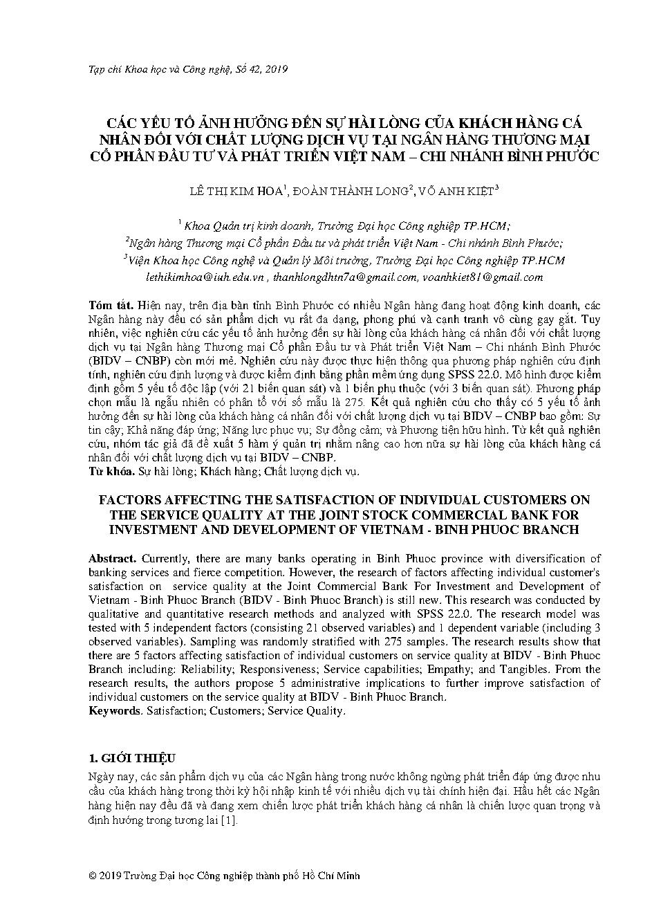 Các nhân tố ảnh hưởng đến sự hài lòng của khách hàng cá nhân đối với chất lượng dịch vụ tại ngân hàng thương mại cổ phần đầu tư và phát triển Việt Nam - chi nhánh Bình Phước