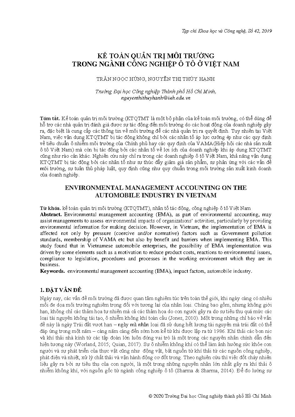 Kế toán quản trị môi trường trong ngành công nghiệp ô tô ở Việt Nam