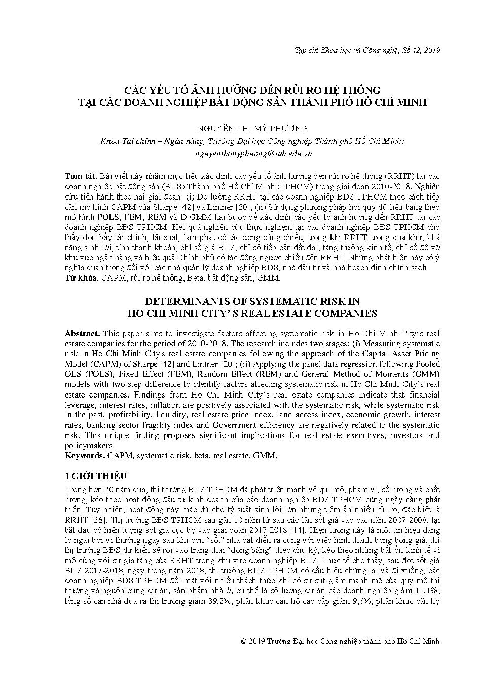 Các yếu tố ảnh hưởng đến rủi ro hệ thống tại các doanh nghiệp bất động sản Thành phố Hồ Chí Minh