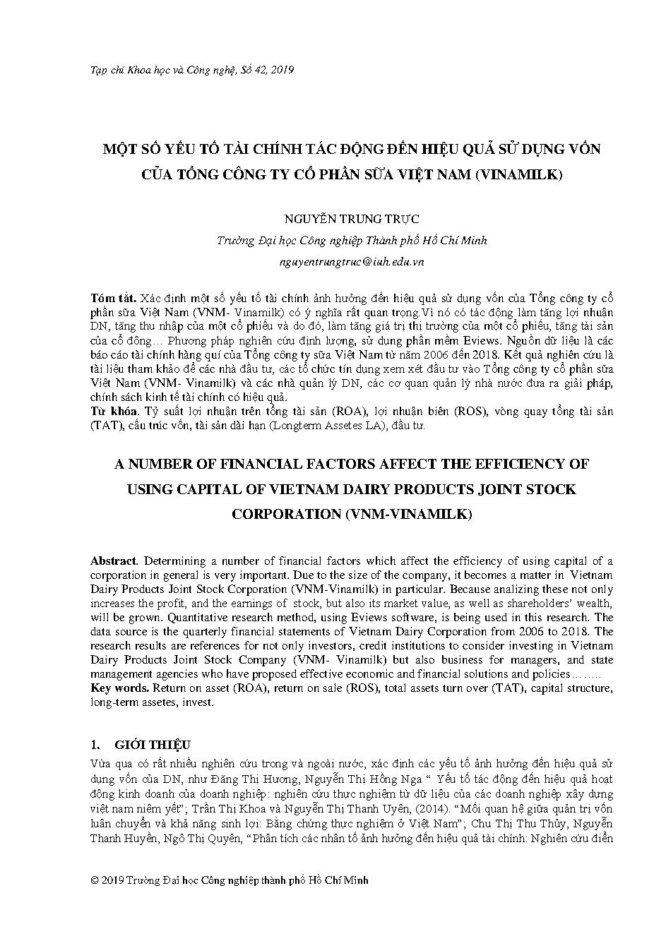 Một số yếu tố tài chính tác động đến hiệu quả sử dụng vốn của Tổng công ty Cổ phần Sữa Việt Nam (VNM- Vinamilk)