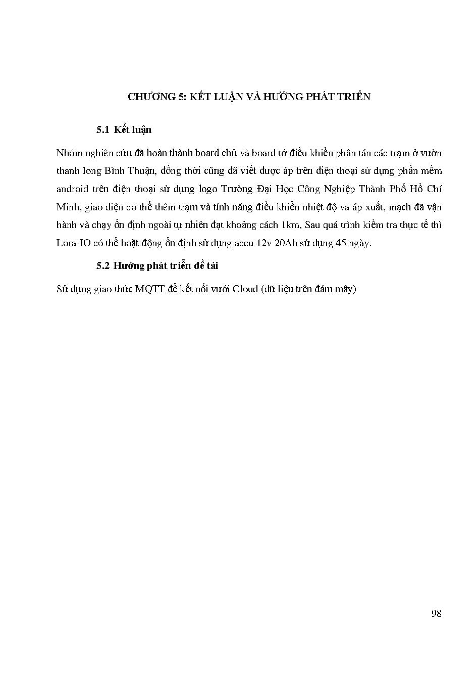 Hệ thống tưới tiêu tự động điều khiển phân tán thông qua mạng không dây Lora :Báo cáo tổng kết đề tài Khoa học cấp trường