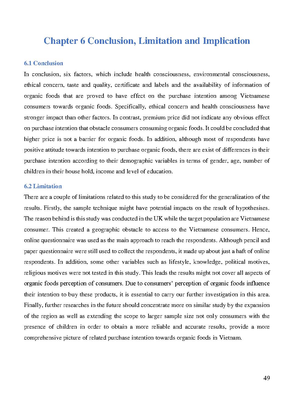 An investigation of the factors that affect purchase intention toward organic foods among Vietnamese consumers :Master dissertation - Major: Marketing