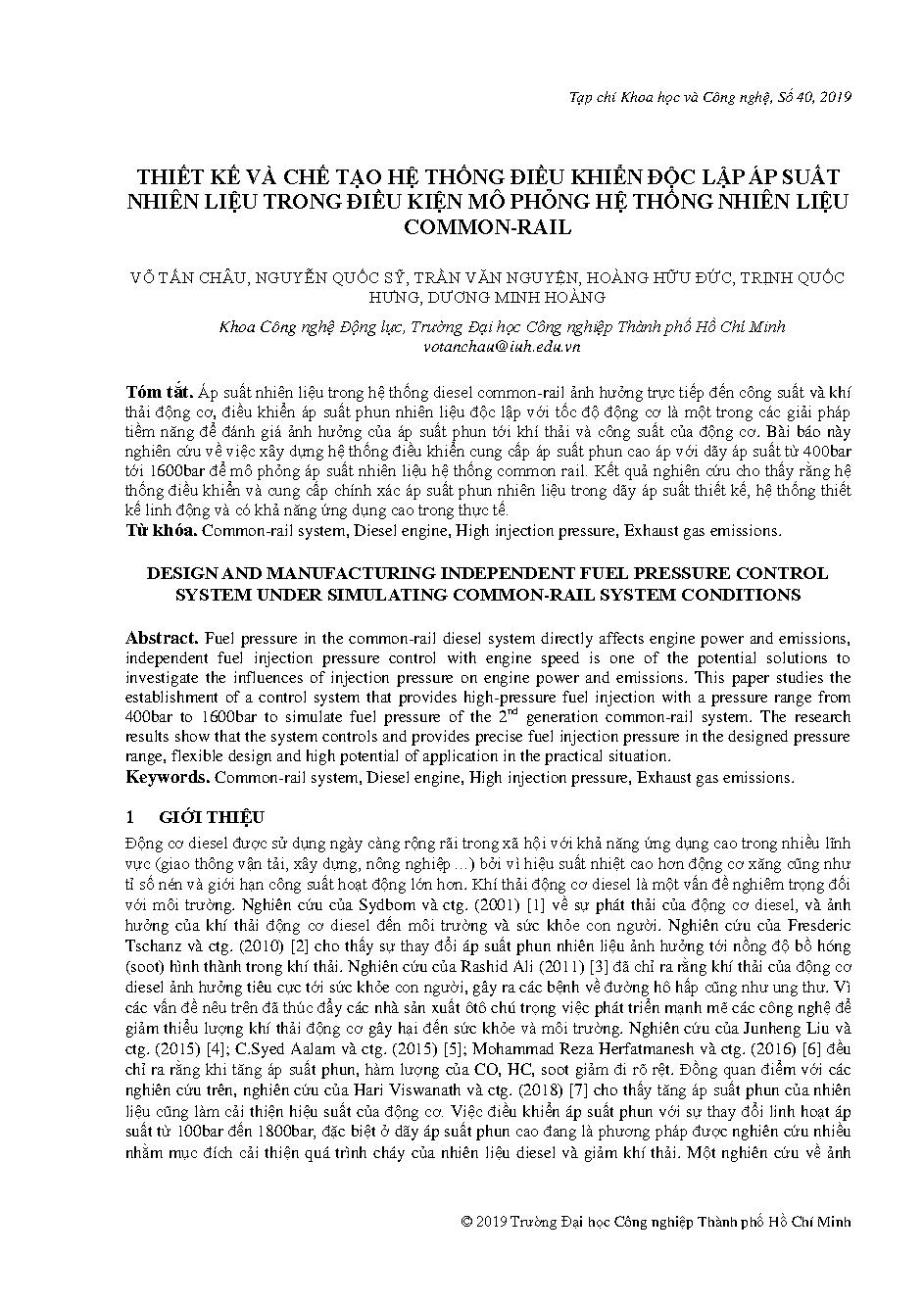 Thiết kế và chế tạo hệ thống điều khiến độc lập áp suất nhiên liệu trong điều kiện mô phỏng hệ thống nhiên liệu common– rail