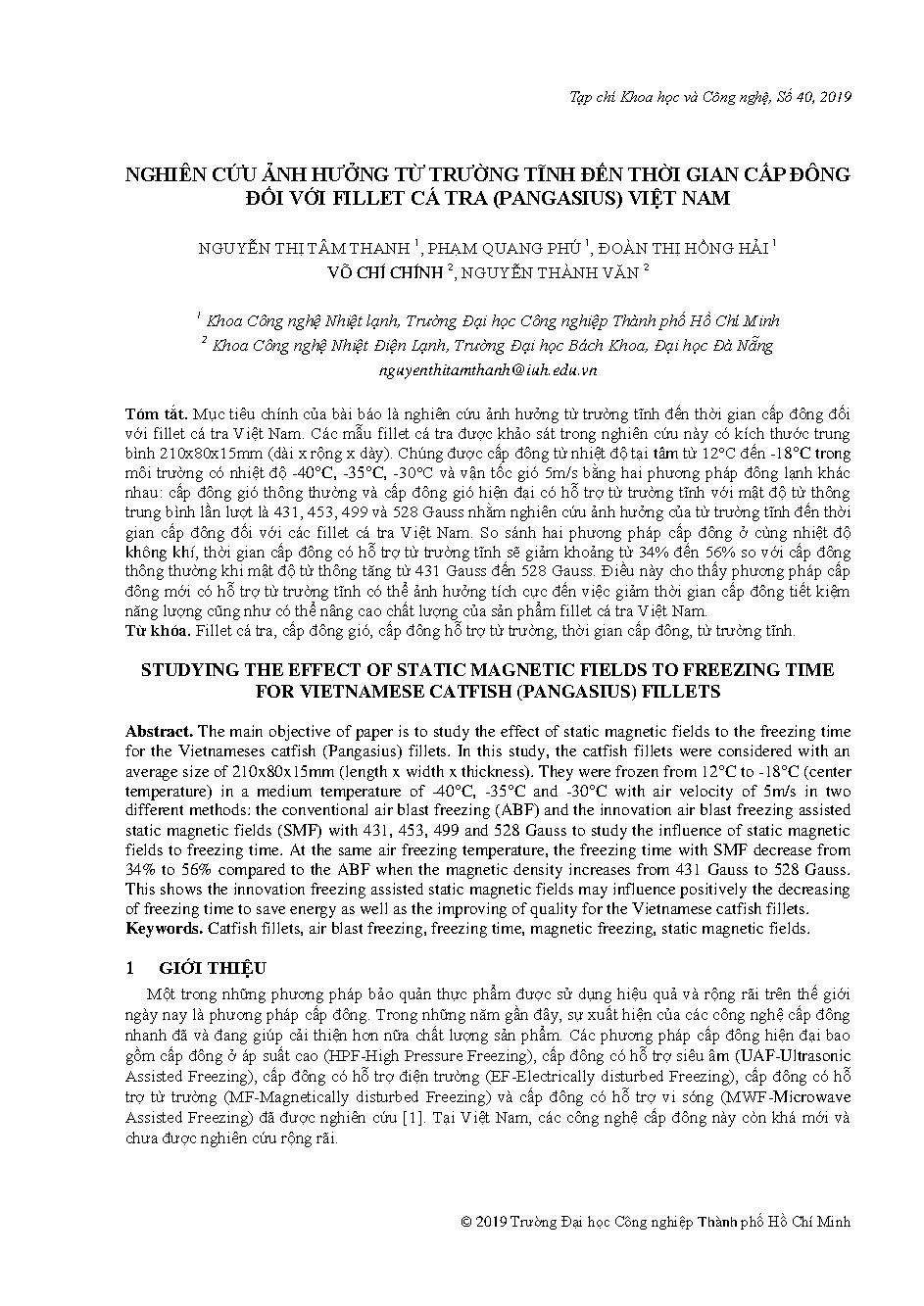 Nghiên cứu ảnh hưởng từ trường tĩnh đến thời gian cấp đông đối với fillet cá tra (pangasius) Việt Nam