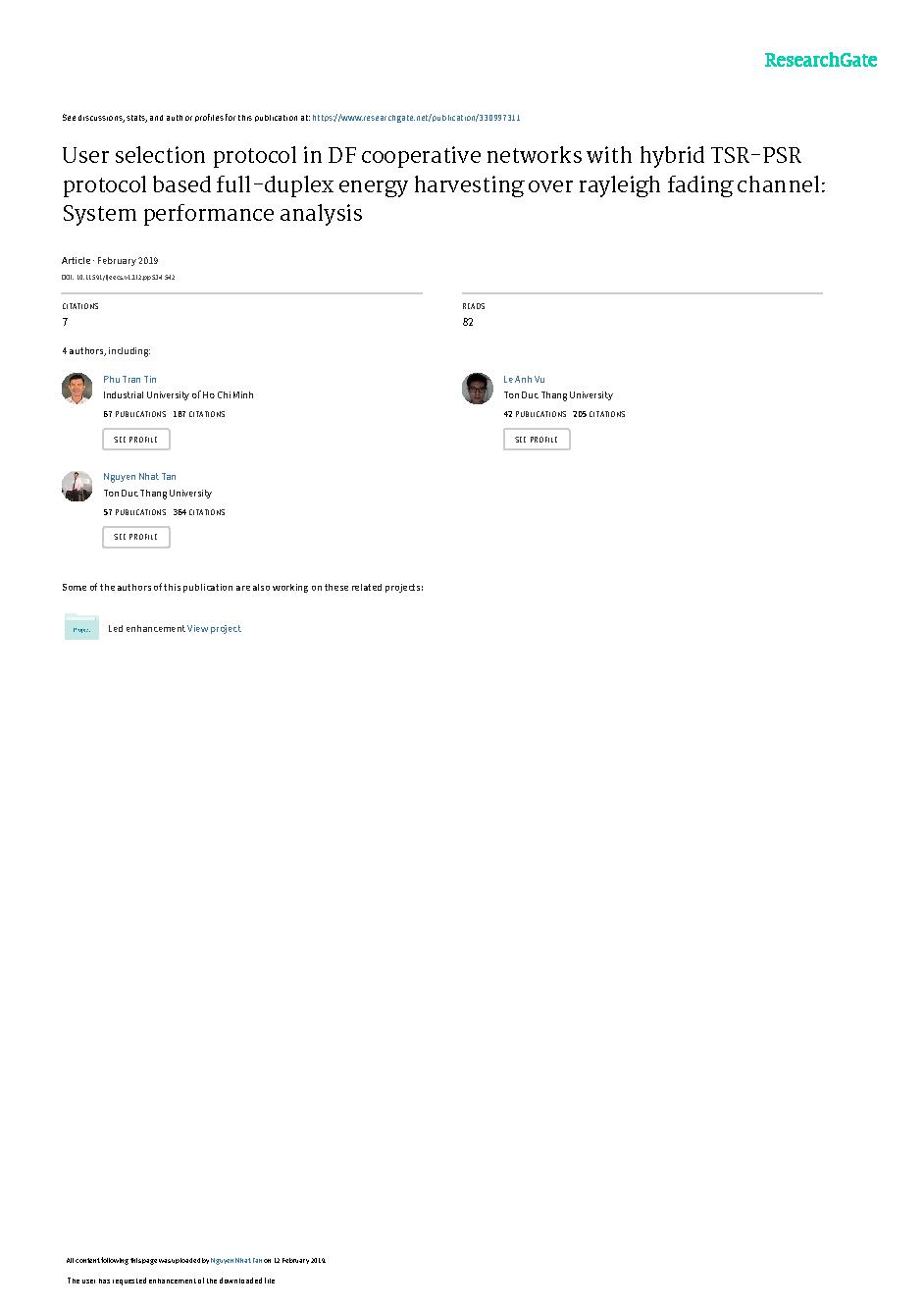 User selection protocol in DF cooperative networks with hybrid TSR-PSR protocol based full-duplex energy harvesting over rayleigh fading channel :System performance analysis