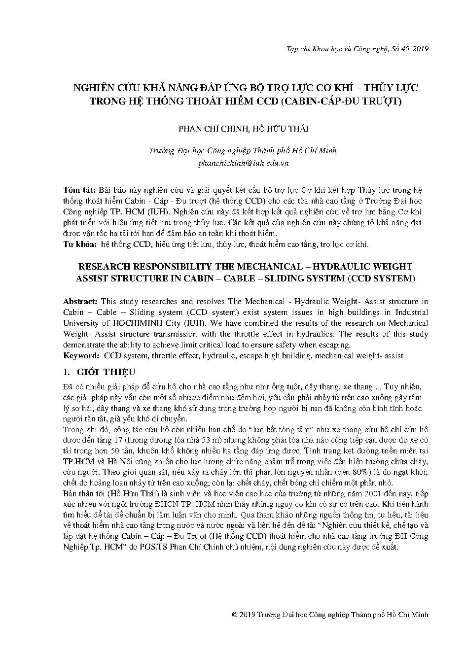Nghiên cứu khả năng đáp ứng bộ trợ lực cơ khí - thủy lực trong hệ thống thoát hiểm CCD(cabin-cáp-đu trượt) Gediminas ern Arizona