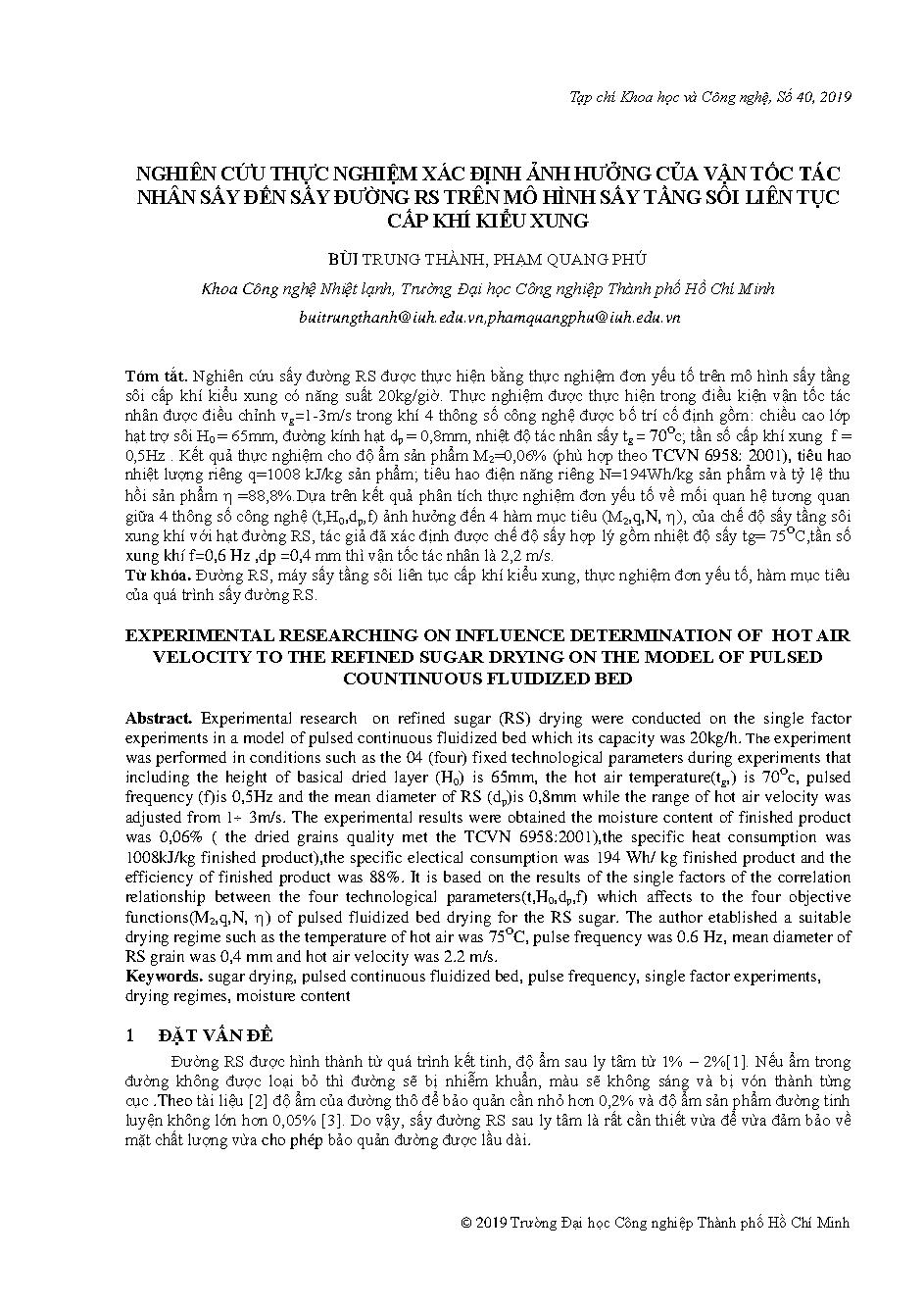 Nghiên cứu thực nghiệm xác định ảnh hưởng của tần số xung khí đến quá trình sấy đường RS trên mô hình sấy tầng sôi liên tục cấp khí kiểu xung bằng phương pháp thực nghiệm